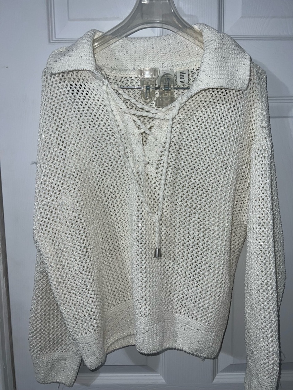 Joie Cream Lace-Up V-Neck Open-Knit Sweater